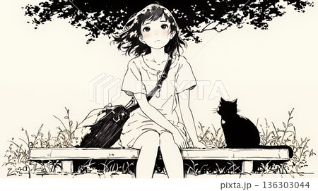 公園のベンチでひとり静かにくつろぐ若い女性（シンプルな色使い）