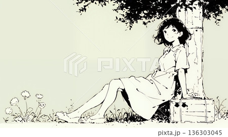 公園のベンチでひとり静かにくつろぐ若い女性（シンプルな色使い）