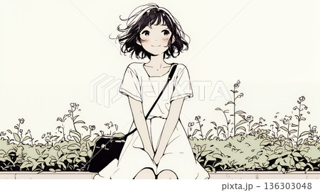 公園のベンチでひとり静かにくつろぐ若い女性（シンプルな色使い）