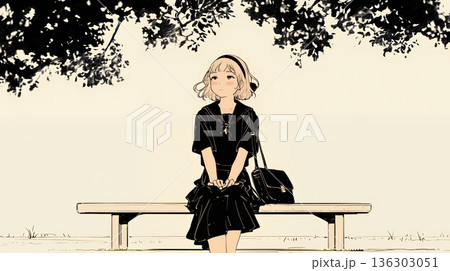 公園のベンチでひとり静かにくつろぐ若い女性（シンプルな色使い）