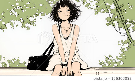 公園のベンチでひとり静かにくつろぐ若い女性（シンプルな色使い）