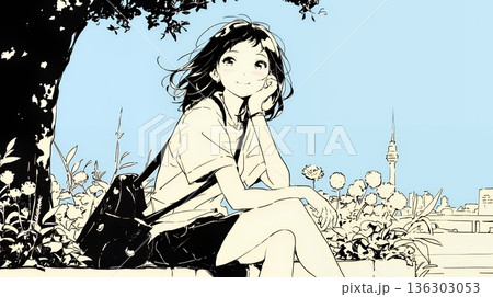 公園のベンチでひとり静かにくつろぐ若い女性（シンプルな色使い）