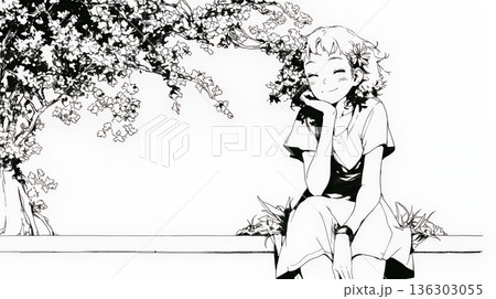 公園のベンチでひとり静かにくつろぐ若い女性（シンプルな色使い）