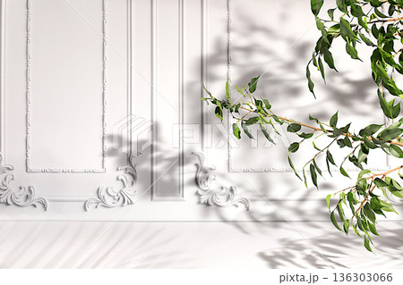 Premium empty podium with shadows on sunny elegant background, summer party concept, beauty aesthetics, minimal abstract background for cosmetic products presentation, design template Premium empty podium with shadows on sunny elegant background, summer party concept, beauty aesthetics, minimal abstract background for cosmetic products presentation, design template 136303066