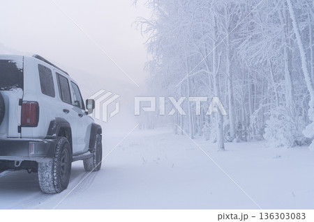 Snow covers trees along a road as a vehicle waits in the cold winter landscape. High quality photo 136303083