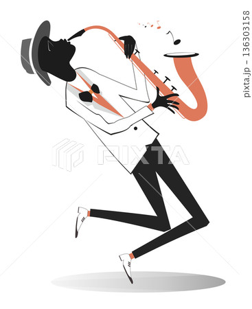 Afro-American saxophonist illustration. Afro-American saxophonist is playing music with great inspiration isolated on white 136303158