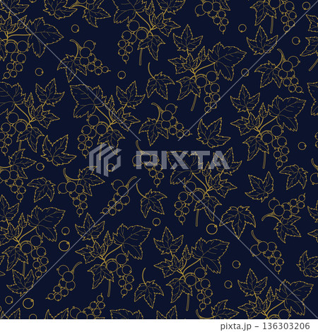Golden Currant Line Art Seamless Pattern. Elegant Botanical Background with Luxury Berry Branches on Dark Navy Blue. Minimalist Chic Square template Ornament. Vector illustration Golden Currant Line Art Seamless Pattern. Elegant Botanical Background with Luxury Berry Branches on Dark Navy Blue. Minimalist Chic Square template Ornament. Vector illustration 136303206