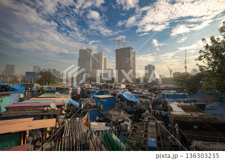 Contrast of Mumbai skyscrapers and Dhobi Ghat laundry. 136303235