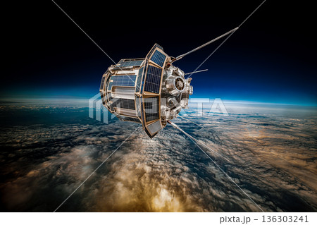Detailed view of a satellite in space, featuring metallic structure, antennas, and large solar panels, orbiting above Earth's blue atmosphere and orange-tinted cloud layers against the dark void. 136303241