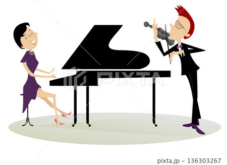 Couple musicians play music on violin and piano isolated illustration. Duet of violinist man and pianist woman isolated illustration Couple musicians play music on violin and piano isolated illustration. Duet of violinist man and pianist woman isolated illustration 136303267