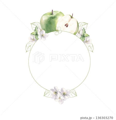Round frame with green apples, flowers and graphic elements. Watercolor hand drawn illustration isolated on white background Round frame with green apples, flowers and graphic elements. Watercolor hand drawn illustration isolated on white background 136303270