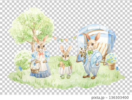 Rabbit family standing on green grass with a leafy tree, a swing and a bush. Hand drawn watercolor illustration isolated on white. Pastel clip art for Easter vintage cards, invitations and posters. 136303400