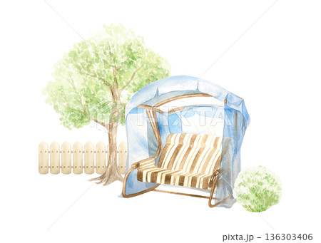 Garden swing next to a green tree, a bush and a wooden fence. Elements for a rustic landscape. Hand drawn watercolor illustration, isolated. Pastel clip art for cards, invitations and posters. Garden swing next to a green tree, a bush and a wooden fence. Elements for a rustic landscape. Hand drawn watercolor illustration, isolated. Pastel clip art for cards, invitations and posters. 136303406