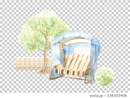 Garden swing next to a green tree, a bush and a wooden fence. Elements for a rustic landscape. Hand drawn watercolor illustration, isolated. Pastel clip art for cards, invitations and posters. Garden swing next to a green tree, a bush and a wooden fence. Elements for a rustic landscape. Hand drawn watercolor illustration, isolated. Pastel clip art for cards, invitations and posters. 136303406