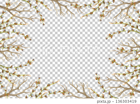 Frame of tree branches and willow twigs with fluffy buds. Hand drawn watercolor illustration isolated on white. Pastel clip art for Easter vintage cards, invitations and posters. 136303419