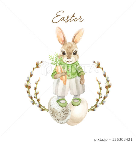 Cute bunny rabbit with a carrot standing on Easter eggs decorated with willow branches. Hand drawn watercolor illustration isolated on white. Pastel clip art for vintage cards, invitations and posters Cute bunny rabbit with a carrot standing on Easter eggs decorated with willow branches. Hand drawn watercolor illustration isolated on white. Pastel clip art for vintage cards, invitations and posters 136303421