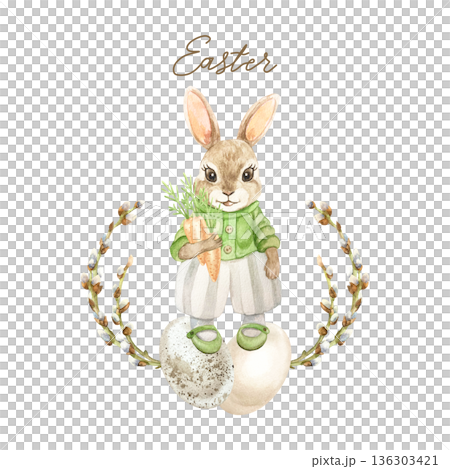 Cute bunny rabbit with a carrot standing on Easter eggs decorated with willow branches. Hand drawn watercolor illustration isolated on white. Pastel clip art for vintage cards, invitations and posters Cute bunny rabbit with a carrot standing on Easter eggs decorated with willow branches. Hand drawn watercolor illustration isolated on white. Pastel clip art for vintage cards, invitations and posters 136303421