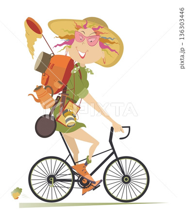 Traveler woman rides a bike isolated illustration. Smiling traveler woman in big hat with rucksack and outfit rides a bike and looks healthy and happy isolated on white Traveler woman rides a bike isolated illustration. Smiling traveler woman in big hat with rucksack and outfit rides a bike and looks healthy and happy isolated on white 136303446