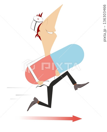 Cartoon hurry doctor with a big pill illustration. Smiling doctor with a big pill runs to render the medical aid isolated on white	 136303466