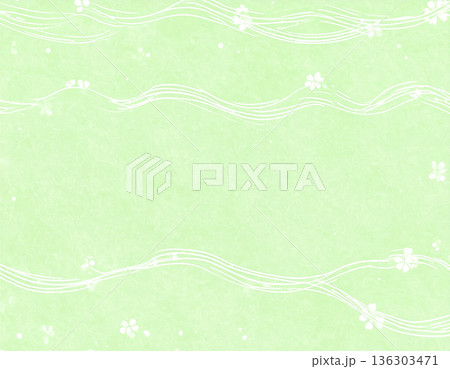 パステルグリーンの和紙背景｜白い繊維が流れるやさしい和風テクスチャ 136303471