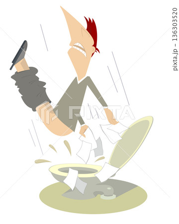 Man with diarrhea (food poisoning) in the toilet illustration. San man with diarrhea flies under the toilet sink and using a lot of tissue illustration 136303520