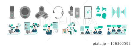 音声認識と自動文字起こしで業務を効率化するビジネスイラストセット 会議・議事録・オンライン対応 136303592