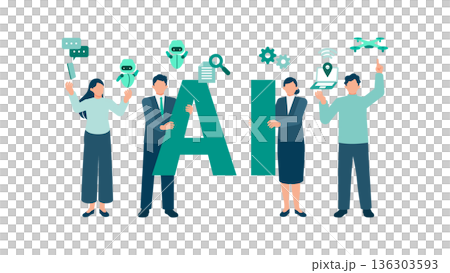 Business image proposing a new way of working using AI DX concept with men and women in suits Business image proposing a new way of working using AI DX concept with men and women in suits 136303593