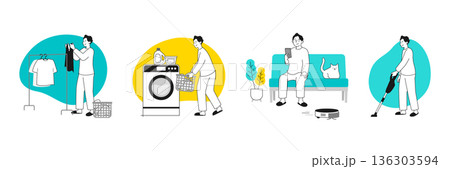 スマート家電で家事をこなす若い男性のライフスタイルイラスト 洗濯と掃除のある日常 スマート家電で家事をこなす若い男性のライフスタイルイラスト 洗濯と掃除のある日常 136303594