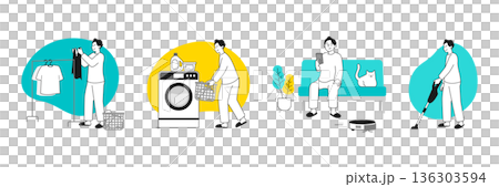 スマート家電で家事をこなす若い男性のライフスタイルイラスト 洗濯と掃除のある日常 スマート家電で家事をこなす若い男性のライフスタイルイラスト 洗濯と掃除のある日常 136303594