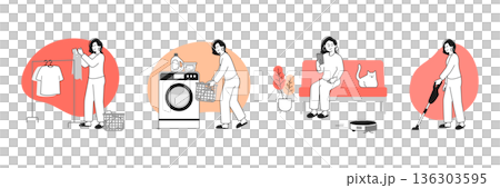 スマート家電を使って家事を行う若い女性のライフスタイルイラスト 洗濯と掃除のシーン 136303595