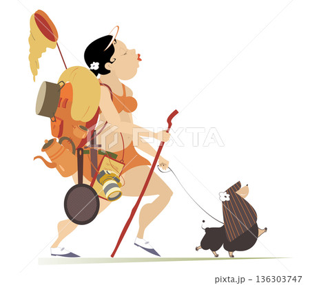 Plump young woman hiking with a dog illustration. Cartoon sexy fat young woman with rucksack and outfit hikes with a dog and looks healthy and happy isolated on white illustration 136303747