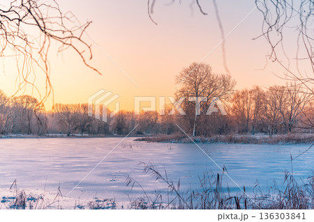Tranquil frozen winter lake landscape. Warm sunlight on idyllic nature trees 136303841
