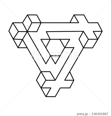 Optical illusion shape, triangle, geometric element, vector illustration. Impossible object. Sacred geometry figure. Line art.  136303867