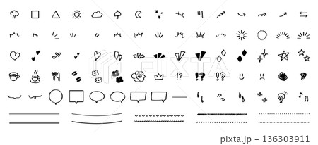 手書きのあしらいイラストセット　矢印・吹き出し・キラキラ・ライン・アイコンの線画素材 136303911