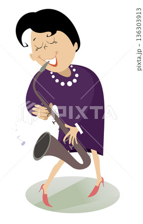 Saxophonist woman isolated illustration. Female saxophonist is playing music with inspiration isolated on white illustration	 136303913