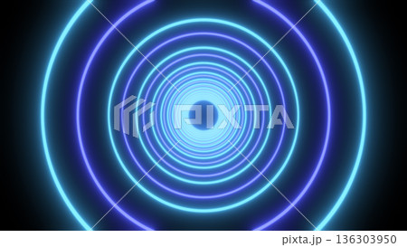 Glowing blue and purple concentric neon rings forming a futuristic tunnel, abstract sci-fi portal background with depth and symmetry 136303950