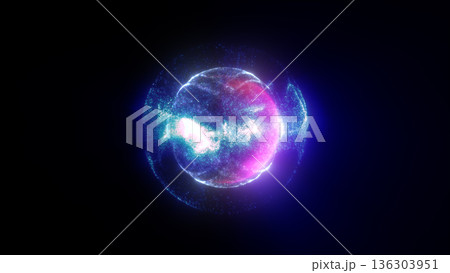 Abstract blue and magenta glowing energy sphere with sparkling particles and plasma haze on a dark background, futuristic digital science wallpaper 136303951