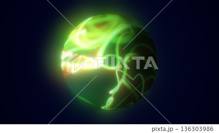 Vivid green energy sphere with glowing swirling light trails and bright neon highlights against a dark cosmic background Vivid green energy sphere with glowing swirling light trails and bright neon highlights against a dark cosmic background 136303986