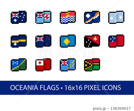 Oceania Flags 16x16 Pixel Art Vector Icons. Set of 10+ stylized, simplified, abstract pixel interpretations of flag designs in common use as of 2026. 136304017