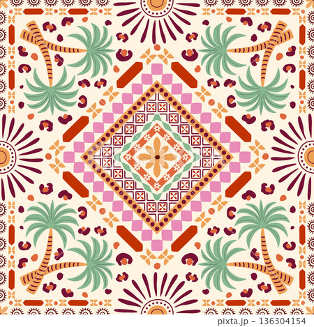 Geometrical tropical tile, scarf, square seamless pattern. Vector rhombus ornament, palm tree, ethnic sun, tribal stripe 136304154