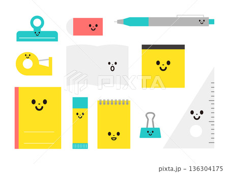 かわいい文房具のキャラクターイラストセット 136304175