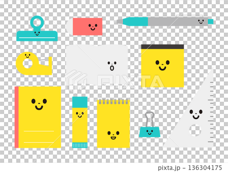 かわいい文房具のキャラクターイラストセット 136304175