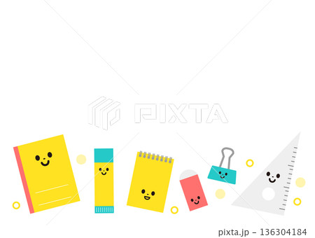 かわいい文房具のキャラクターのイラストフレーム 136304184
