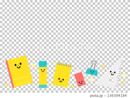 かわいい文房具のキャラクターのイラストフレーム 136304184