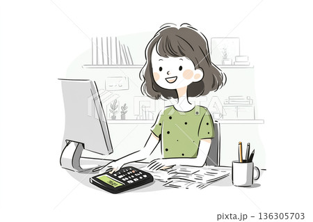 経理で計算作業をする女性｜会計・バックオフィス業務のイラスト素材 136305703