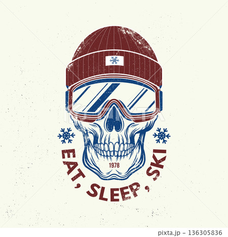 Ear, sleep, ski. Vector retro badge. Concept for shirt, print, seal or stamp with ski glasses, skull skeleton in winter sport hat. Family vacation, activity or travel. For logo design, patches 136305836