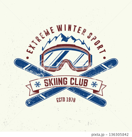 Extreme winter sport. Vector ski club retro badge. Concept for shirt, print, seal or stamp with mountain, ski, ski glasses. Family vacation, activity or travel. For logo design, patches 136305842