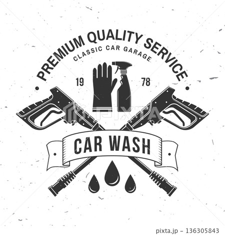 Car wash logo, emblems, badges and icons. Vector. Template for car wash logo, cleaning car, washing and service with cleaning equipment. 136305843