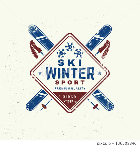 Ski winter sport. Vector ski club retro badge. Concept for shirt, print, seal or stamp with skis, ski poles. Family vacation, activity or travel. For logo design, patches 136305846