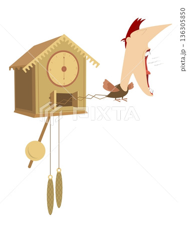 Cuckoo clock. Cuckoo clock with the man head announce the time	 136305850